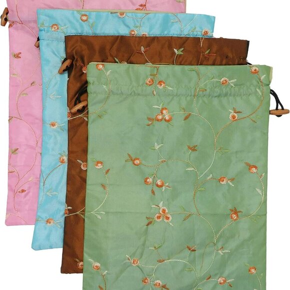 4pcs Embroidered Silk Flower Design Jacquard Travel Bag, Laundry Bags Shoe Bags,